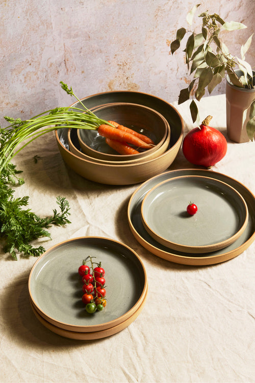 Dinner Plate - Warm Brown Stoneware / Sage Green Gloss